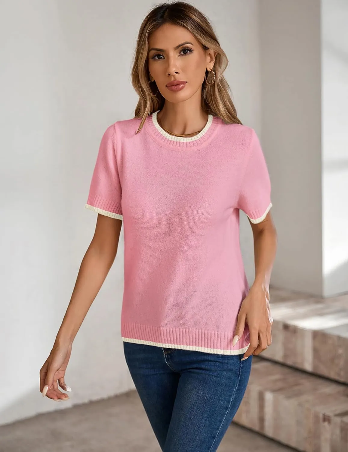 Womens Lightweight Cute Short Sleeve Sweater Spring 2025 Trendy Outfits Crewneck Thin Sheer Knit T-Shirt Tops
