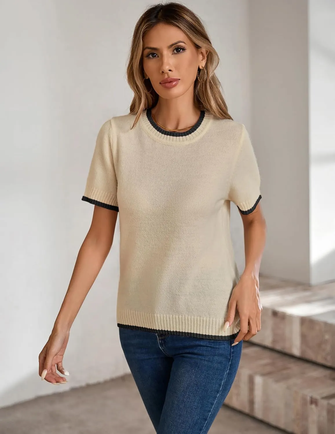 Womens Lightweight Cute Short Sleeve Sweater Spring 2025 Trendy Outfits Crewneck Thin Sheer Knit T-Shirt Tops