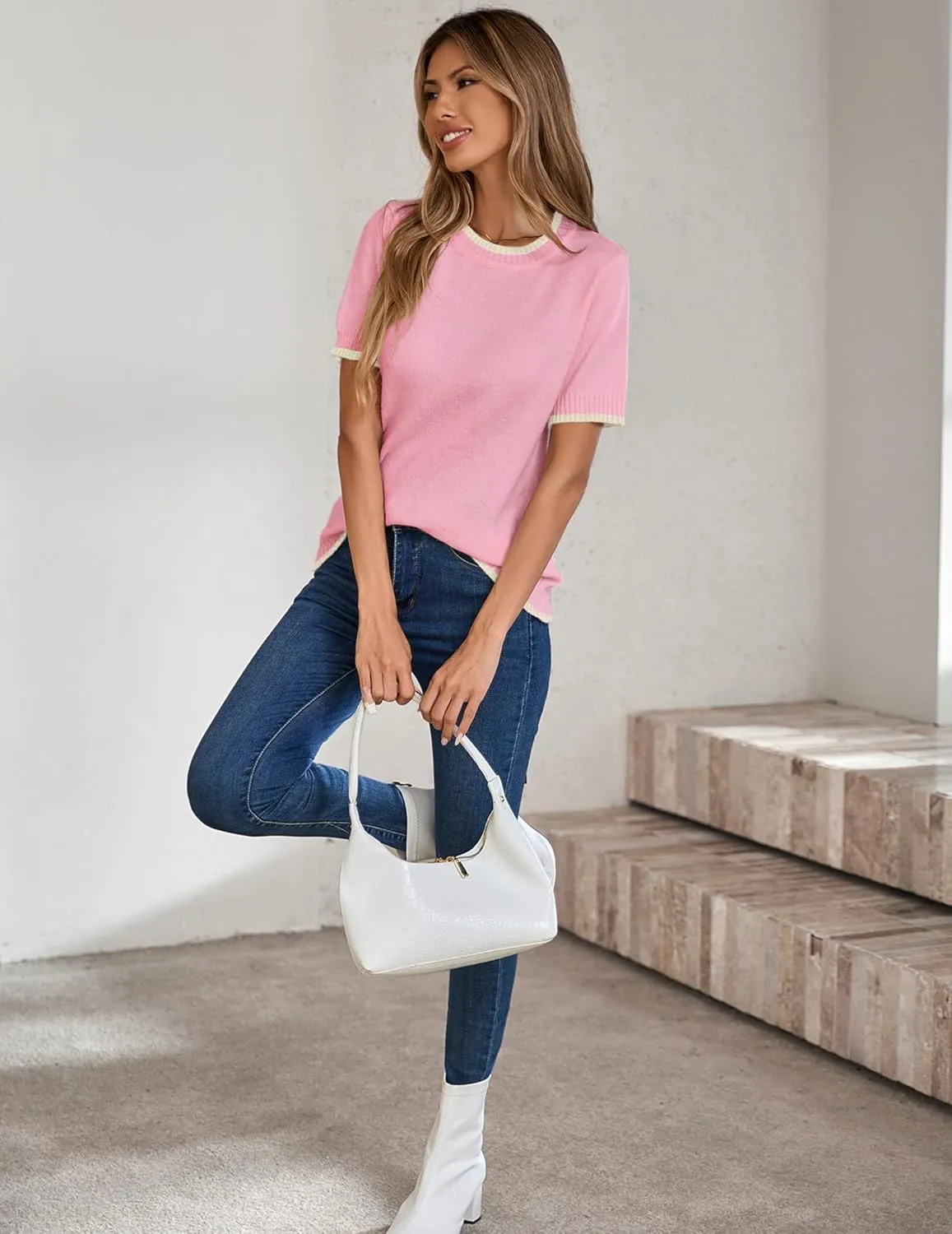 Womens Lightweight Cute Short Sleeve Sweater Spring 2025 Trendy Outfits Crewneck Thin Sheer Knit T-Shirt Tops