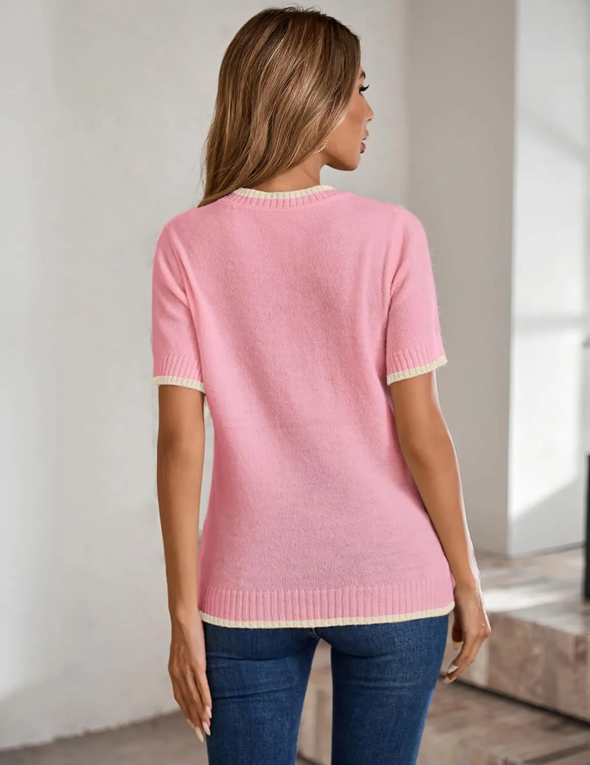 Womens Lightweight Cute Short Sleeve Sweater Spring 2025 Trendy Outfits Crewneck Thin Sheer Knit T-Shirt Tops