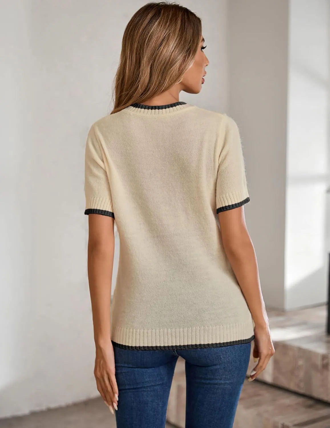 Womens Lightweight Cute Short Sleeve Sweater Spring 2025 Trendy Outfits Crewneck Thin Sheer Knit T-Shirt Tops