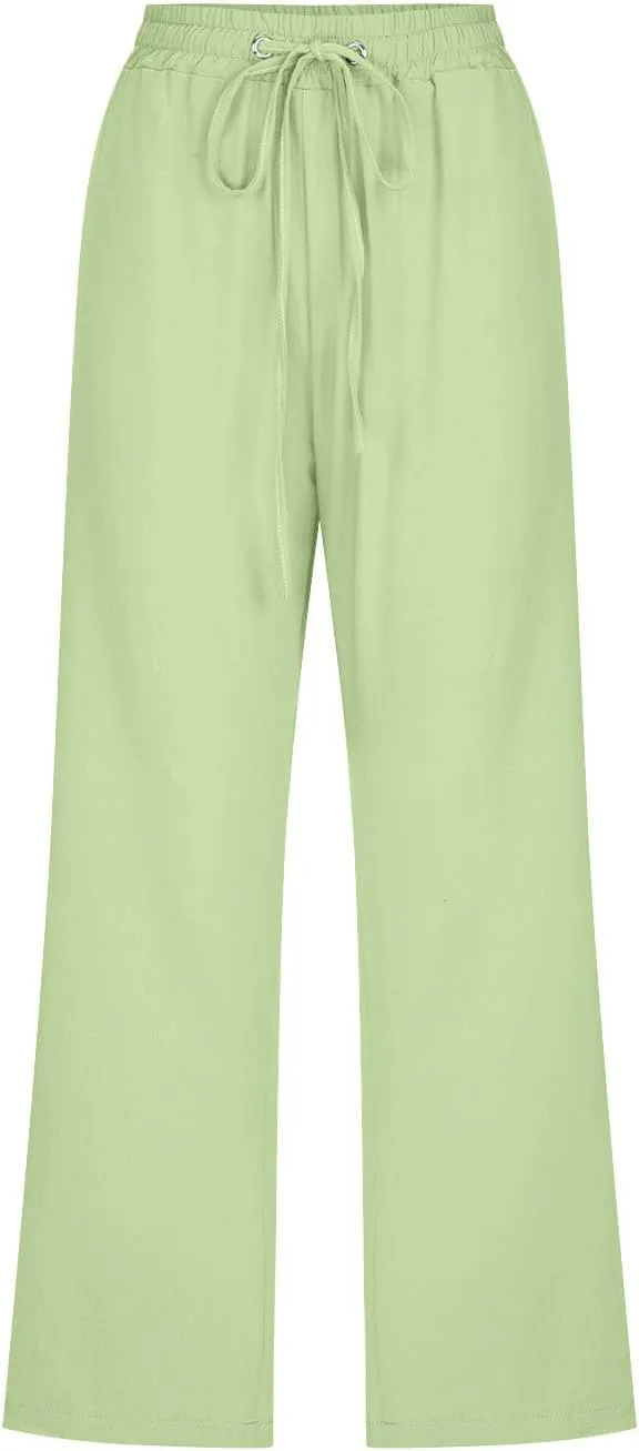 Womens Linen Capri Pants Summer Casual Drawstring Elastic Wasit Cropped Pants Loose Wide Leg Beach Palazzo W/Pockets