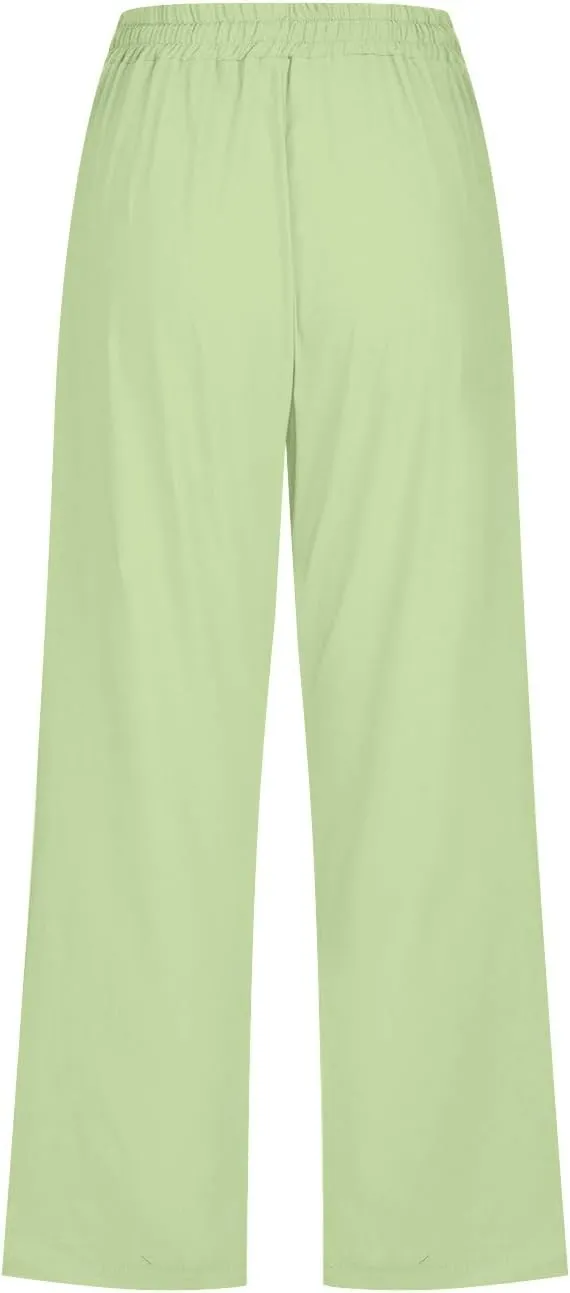 Womens Linen Capri Pants Summer Casual Drawstring Elastic Wasit Cropped Pants Loose Wide Leg Beach Palazzo W/Pockets