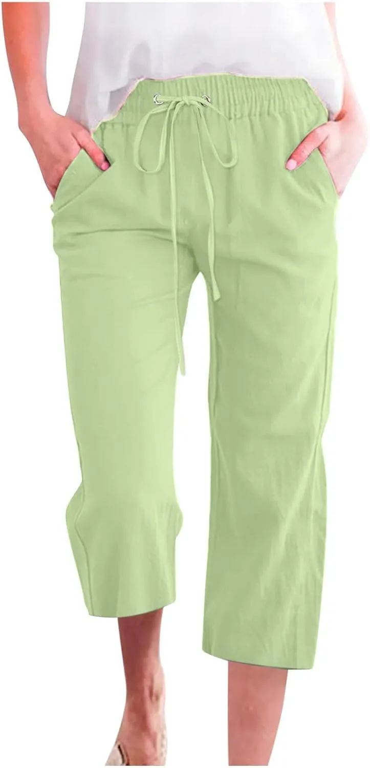 Womens Linen Capri Pants Summer Casual Drawstring Elastic Wasit Cropped Pants Loose Wide Leg Beach Palazzo W/Pockets