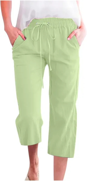 Womens Linen Capri Pants Summer Casual Drawstring Elastic Wasit Cropped Pants Loose Wide Leg Beach Palazzo W/Pockets