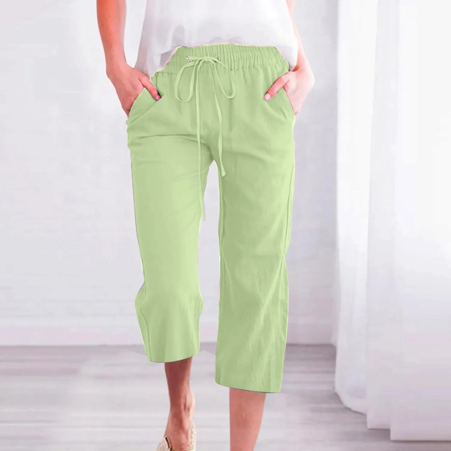 Womens Linen Capri Pants Summer Casual Drawstring Elastic Wasit Cropped Pants Loose Wide Leg Beach Palazzo W/Pockets