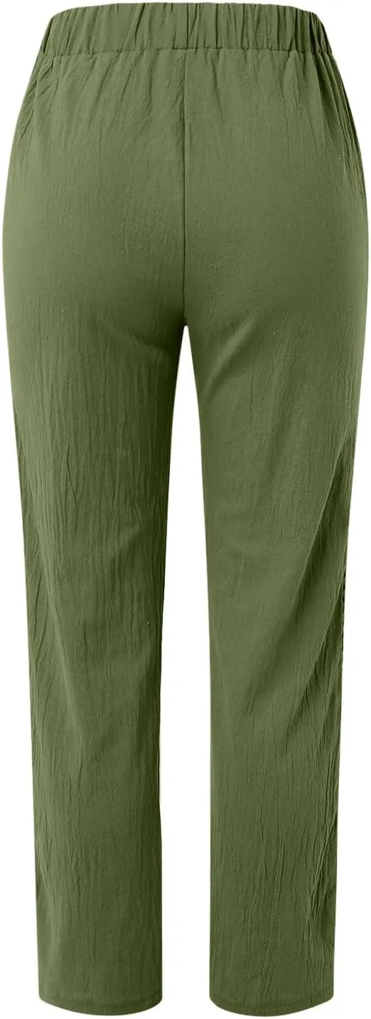 Womens Linen Pants 2025 Summer Elastic High Waist Split Hem Work Pants Casual Loose Drawstring Beach Trousers