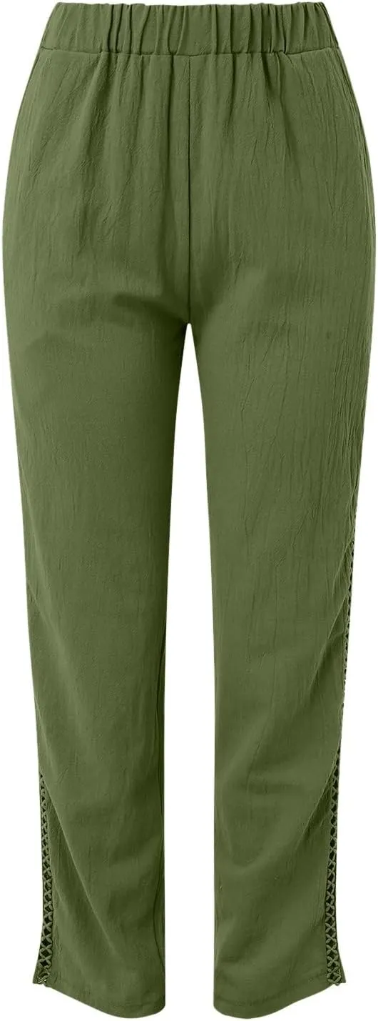 Womens Linen Pants 2025 Summer Elastic High Waist Split Hem Work Pants Casual Loose Drawstring Beach Trousers