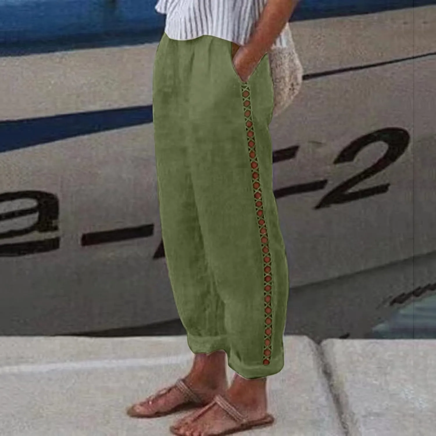 Womens Linen Pants 2025 Summer Elastic High Waist Split Hem Work Pants Casual Loose Drawstring Beach Trousers