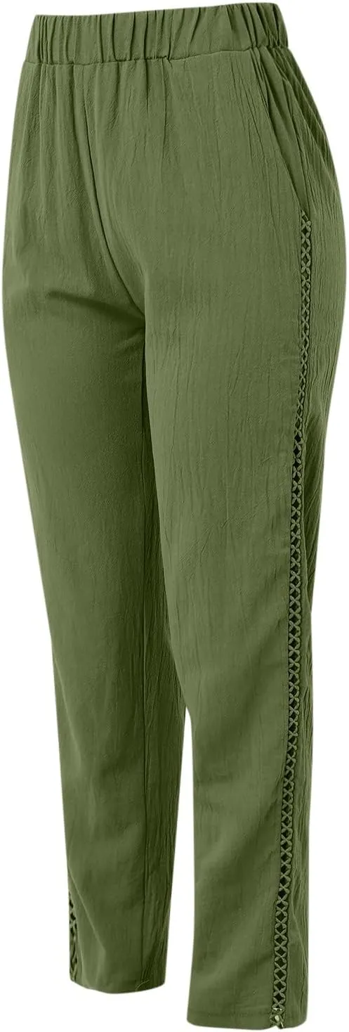 Womens Linen Pants 2025 Summer Elastic High Waist Split Hem Work Pants Casual Loose Drawstring Beach Trousers