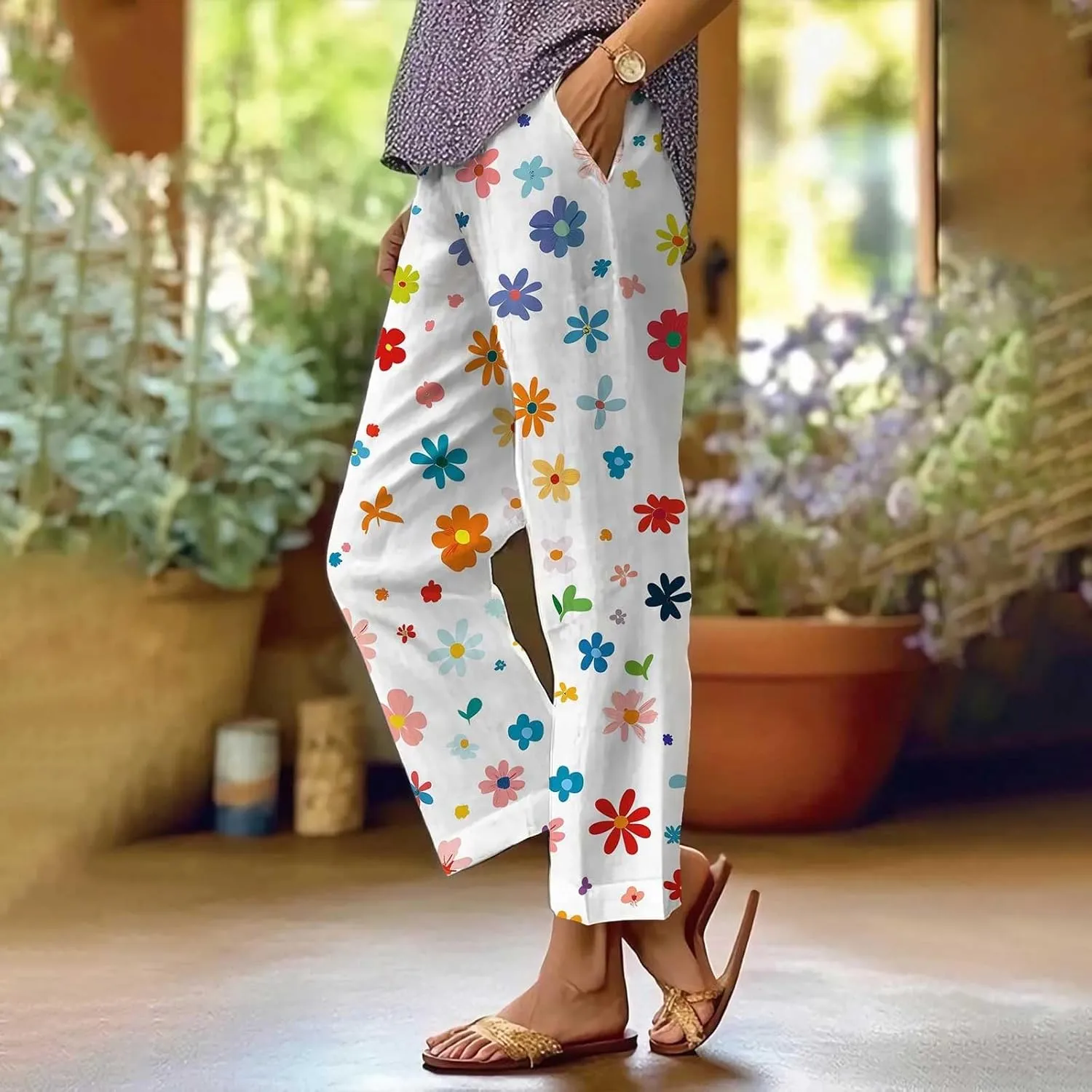 Womens Linen Pants Casual Loose High Waisted Boho Print Wide Leg Pant Summer Beach Drawstring Trousers with Pocket