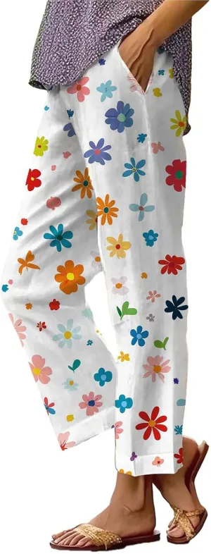 Womens Linen Pants Casual Loose High Waisted Boho Print Wide Leg Pant Summer Beach Drawstring Trousers with Pocket