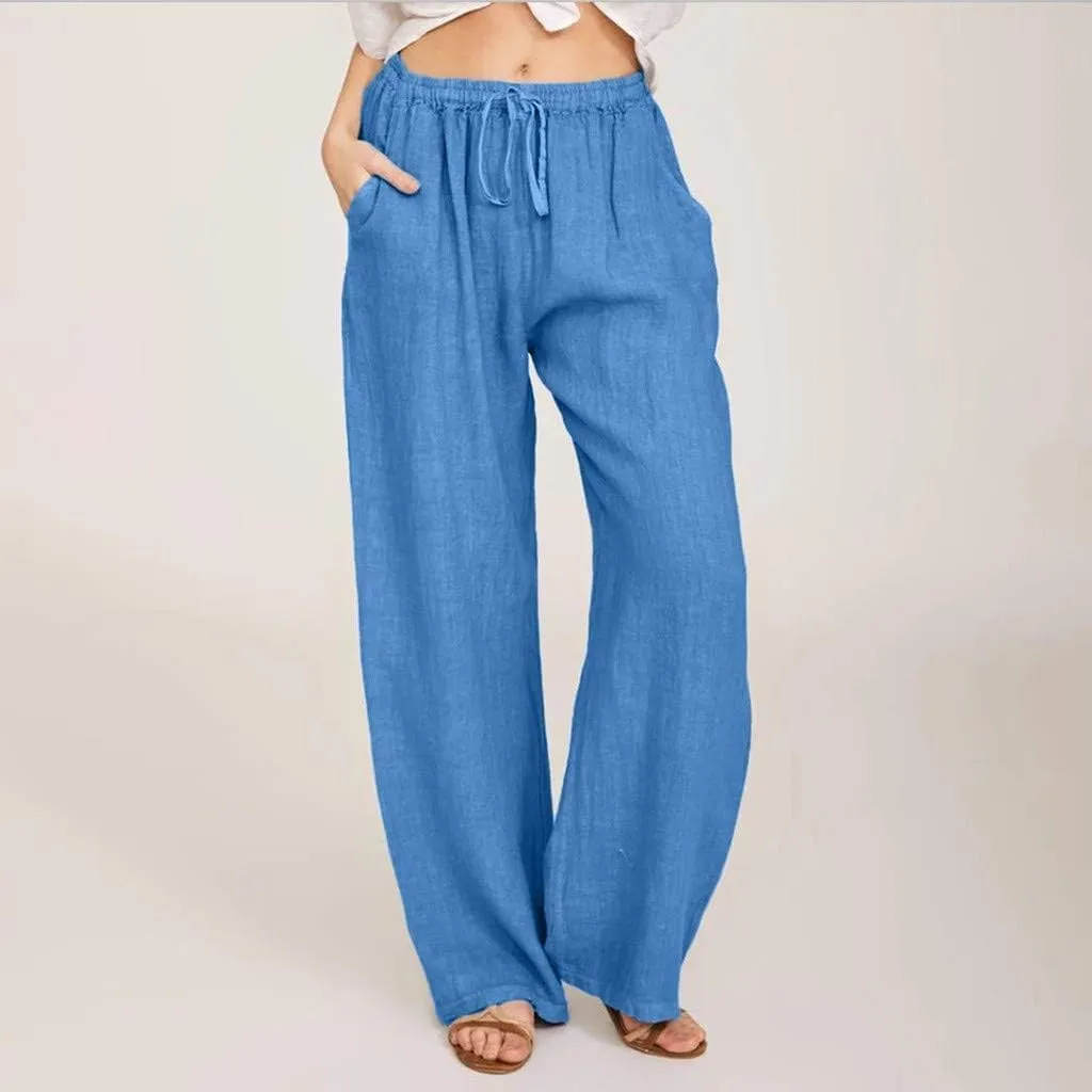 Womens Linen Pants Drawstring High Waist Casual Loose Fit Beach Pants Trendy Boho Straight Leg Trousers with Pockets
