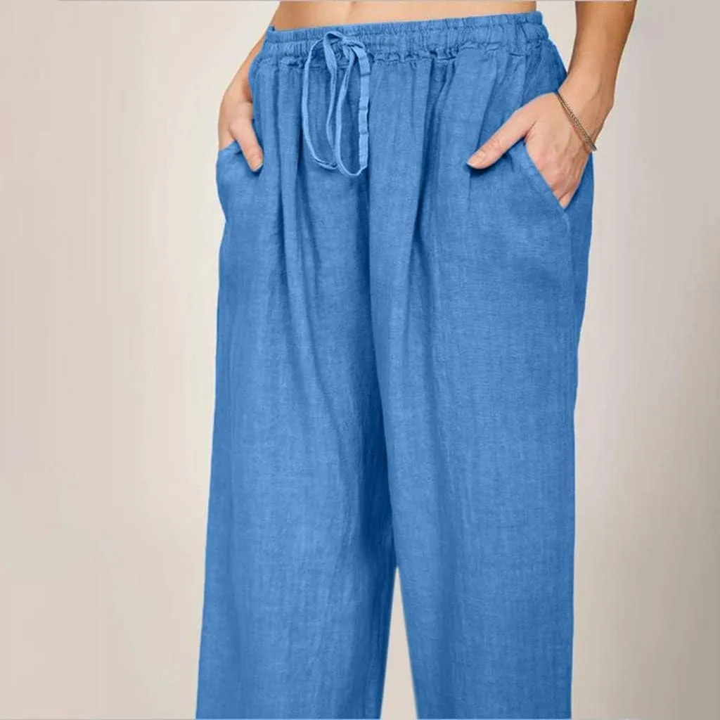 Womens Linen Pants Drawstring High Waist Casual Loose Fit Beach Pants Trendy Boho Straight Leg Trousers with Pockets