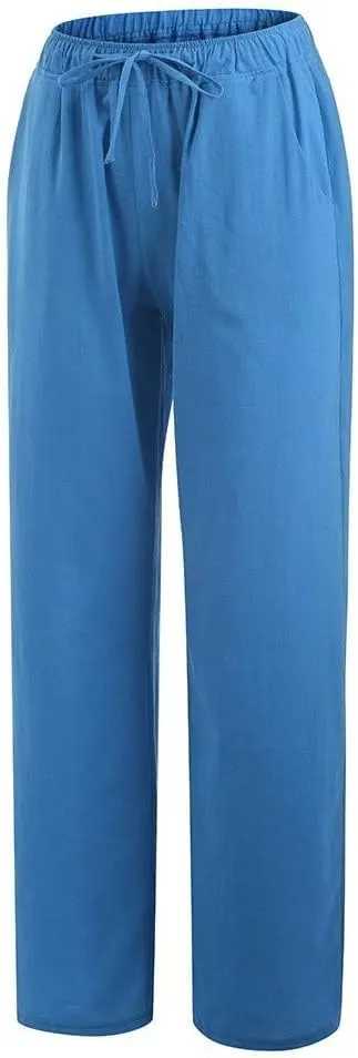 Womens Linen Pants Drawstring High Waist Casual Loose Fit Beach Pants Trendy Boho Straight Leg Trousers with Pockets