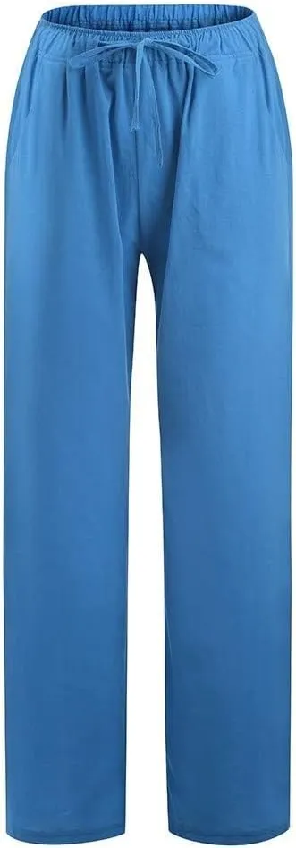 Womens Linen Pants Drawstring High Waist Casual Loose Fit Beach Pants Trendy Boho Straight Leg Trousers with Pockets