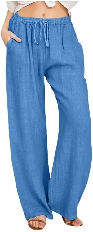 Womens Linen Pants Drawstring High Waist Casual Loose Fit Beach Pants Trendy Boho Straight Leg Trousers with Pockets