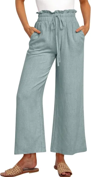 Women's Linen Pants Elastic Waist Casual Beach Trendy Wide Leg Summer Palazzo Trousers with Pockets