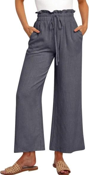 Women's Linen Pants Elastic Waist Casual Beach Trendy Wide Leg Summer Palazzo Trousers with Pockets