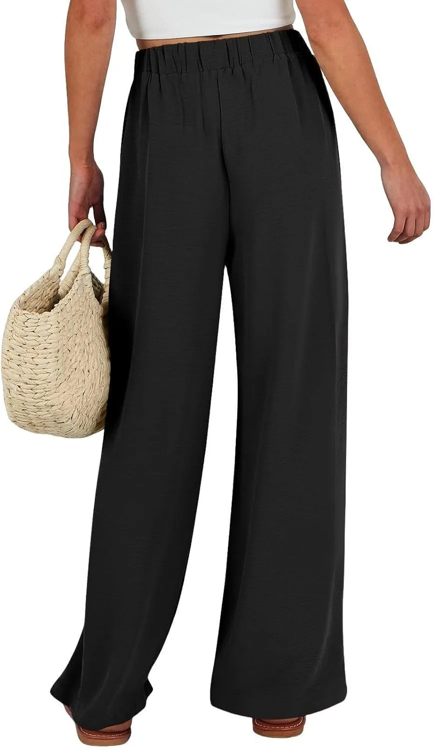Womens Linen Pants Summer Casual Flowy Beach Pants Drawstring Elastic Waisted Wide Leg Palazzo Trousers with Pockets