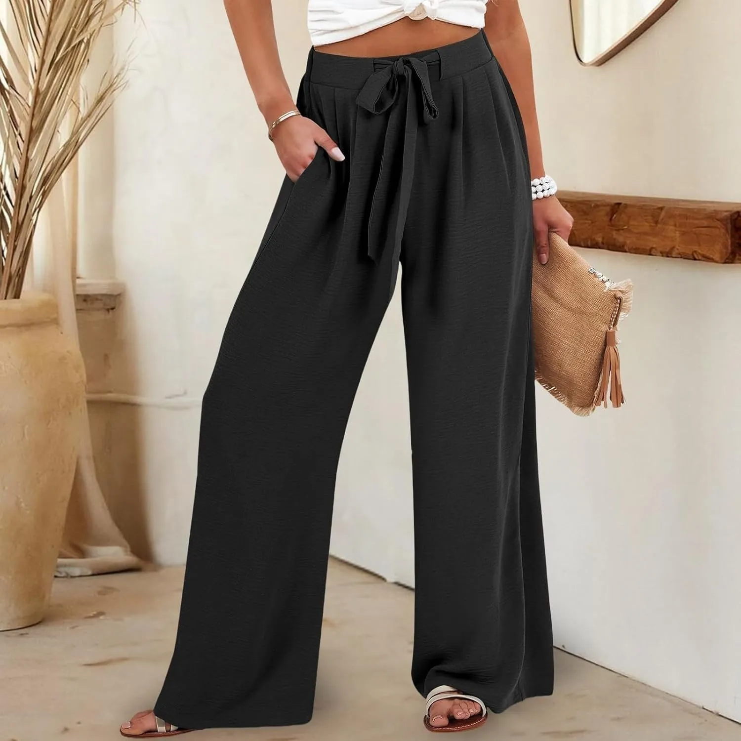 Womens Linen Pants Summer Casual Flowy Beach Pants Drawstring Elastic Waisted Wide Leg Palazzo Trousers with Pockets