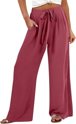 Womens Linen Pants Summer Casual Flowy Beach Pants Drawstring Elastic Waisted Wide Leg Palazzo Trousers with Pockets