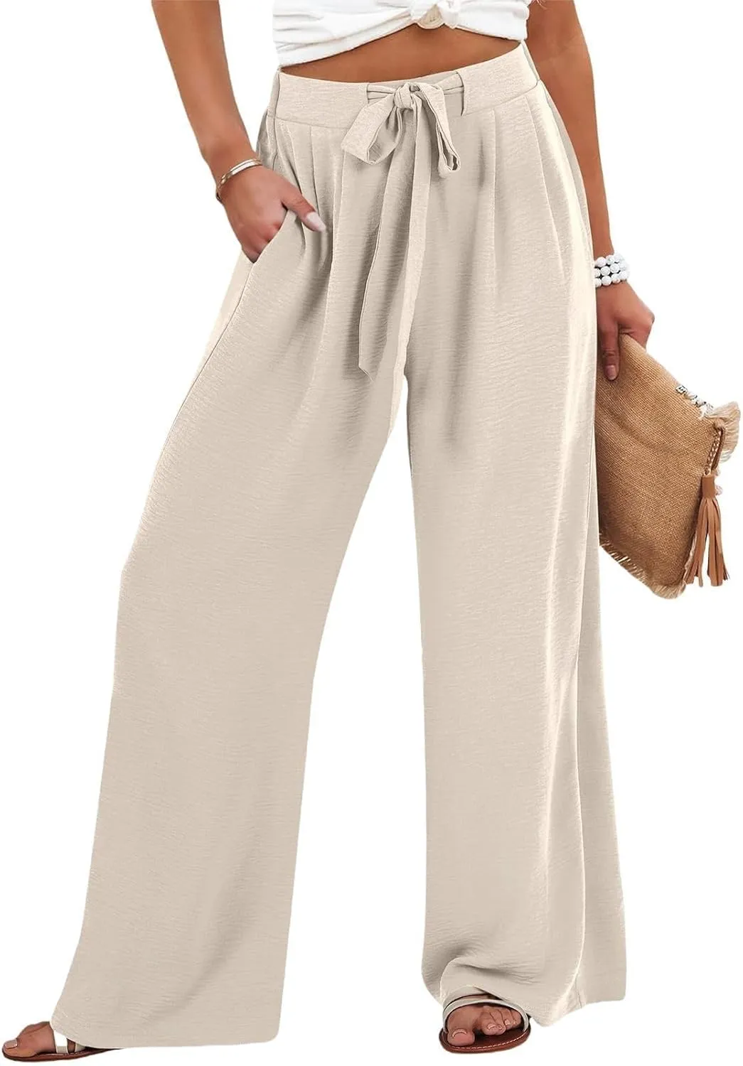 Womens Linen Pants Summer Casual Flowy Beach Pants Drawstring Elastic Waisted Wide Leg Palazzo Trousers with Pockets