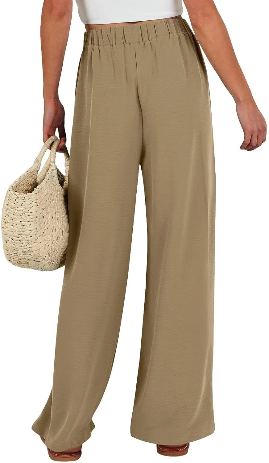 Womens Linen Pants Summer Casual Flowy Beach Pants Drawstring Elastic Waisted Wide Leg Palazzo Trousers with Pockets