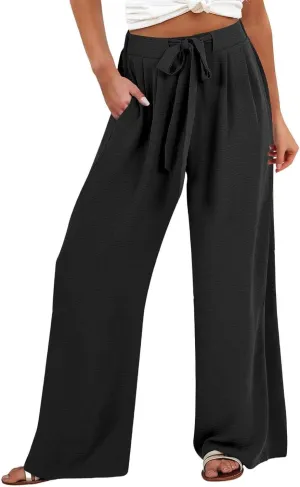 Womens Linen Pants Summer Casual Flowy Beach Pants Drawstring Elastic Waisted Wide Leg Palazzo Trousers with Pockets