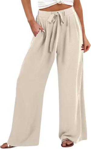 Womens Linen Pants Summer Casual Flowy Beach Pants Drawstring Elastic Waisted Wide Leg Palazzo Trousers with Pockets