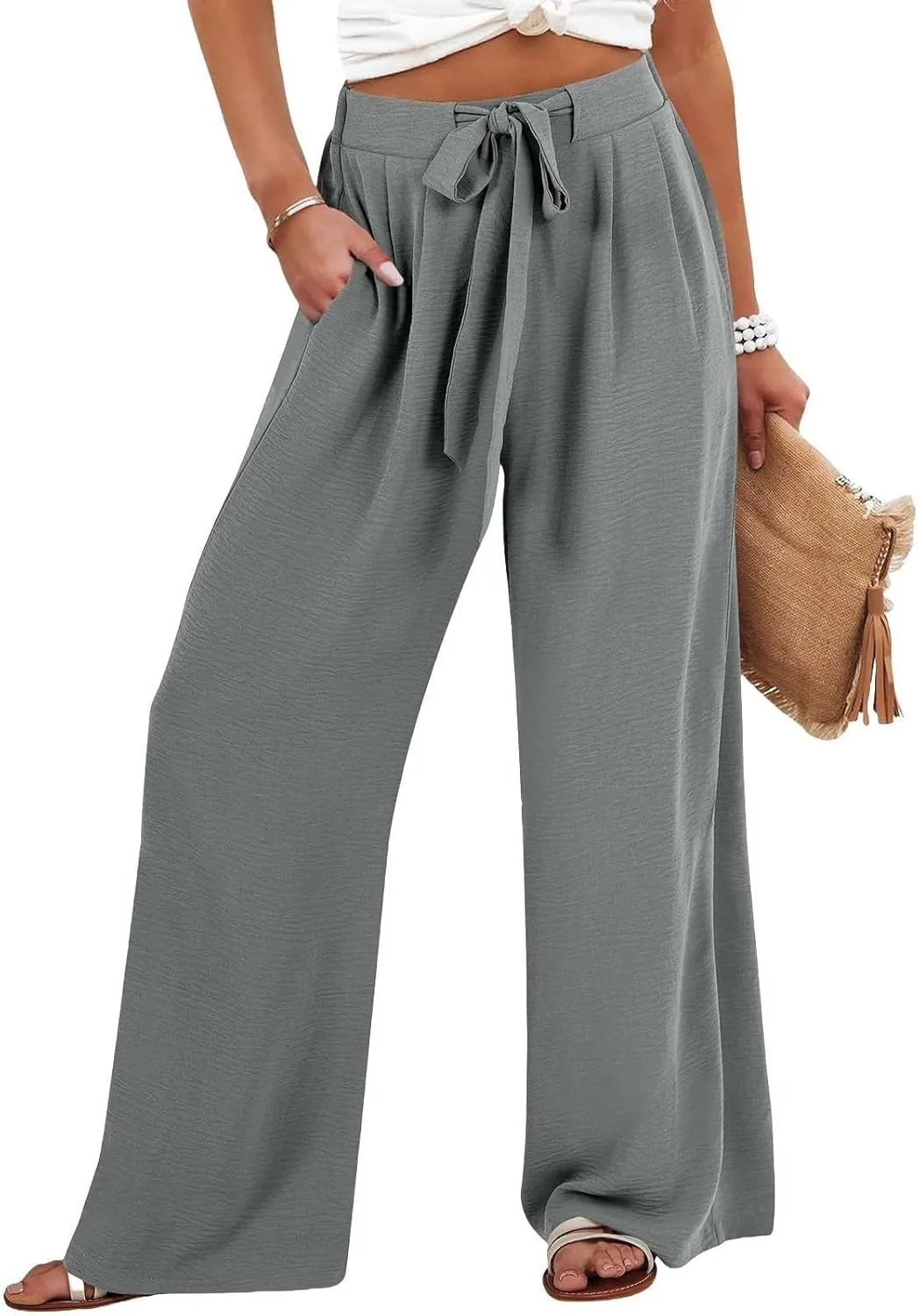 Womens Linen Pants Summer Casual Flowy Beach Pants Drawstring Elastic Waisted Wide Leg Palazzo Trousers with Pockets