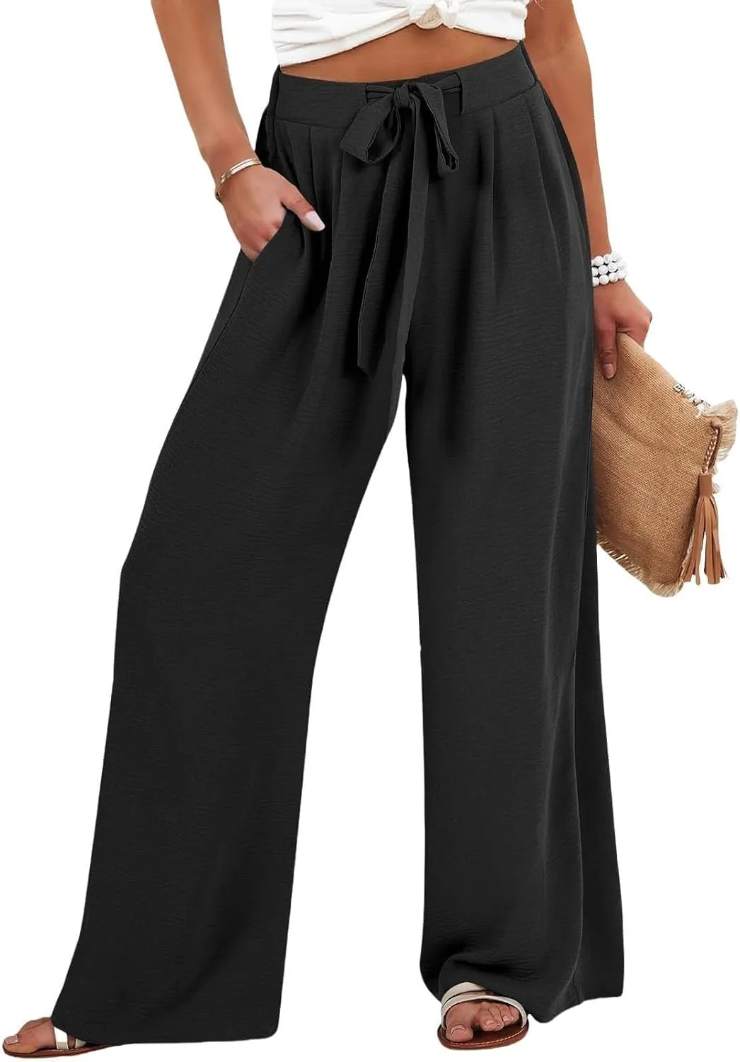 Womens Linen Pants Summer Casual Flowy Beach Pants Drawstring Elastic Waisted Wide Leg Palazzo Trousers with Pockets