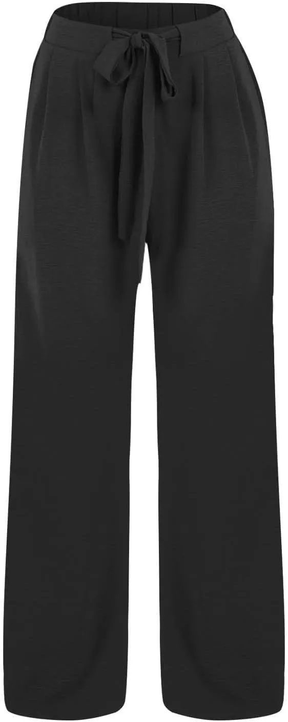 Womens Linen Pants Summer Casual Flowy Beach Pants Drawstring Elastic Waisted Wide Leg Palazzo Trousers with Pockets