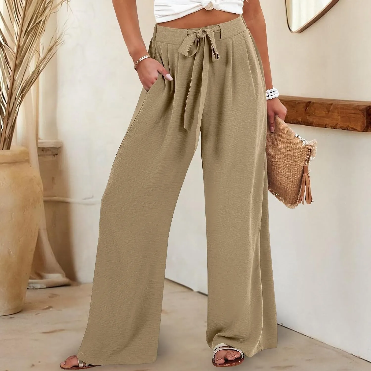 Womens Linen Pants Summer Casual Flowy Beach Pants Drawstring Elastic Waisted Wide Leg Palazzo Trousers with Pockets