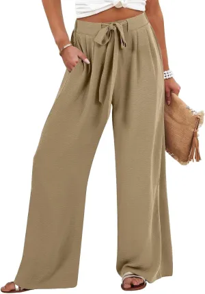 Womens Linen Pants Summer Casual Flowy Beach Pants Drawstring Elastic Waisted Wide Leg Palazzo Trousers with Pockets