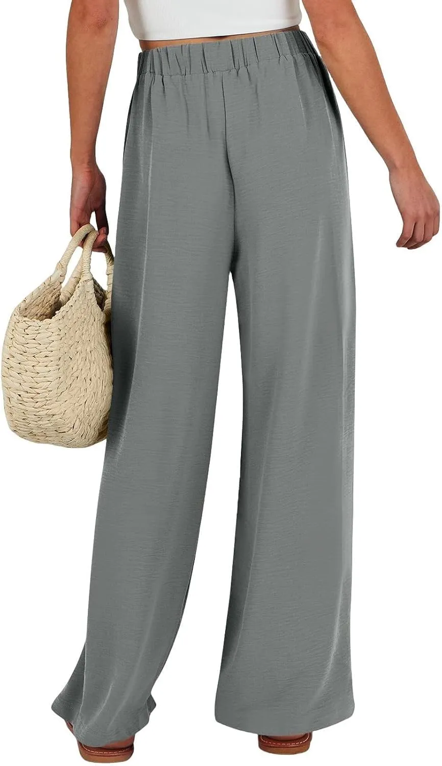 Womens Linen Pants Summer Casual Flowy Beach Pants Drawstring Elastic Waisted Wide Leg Palazzo Trousers with Pockets