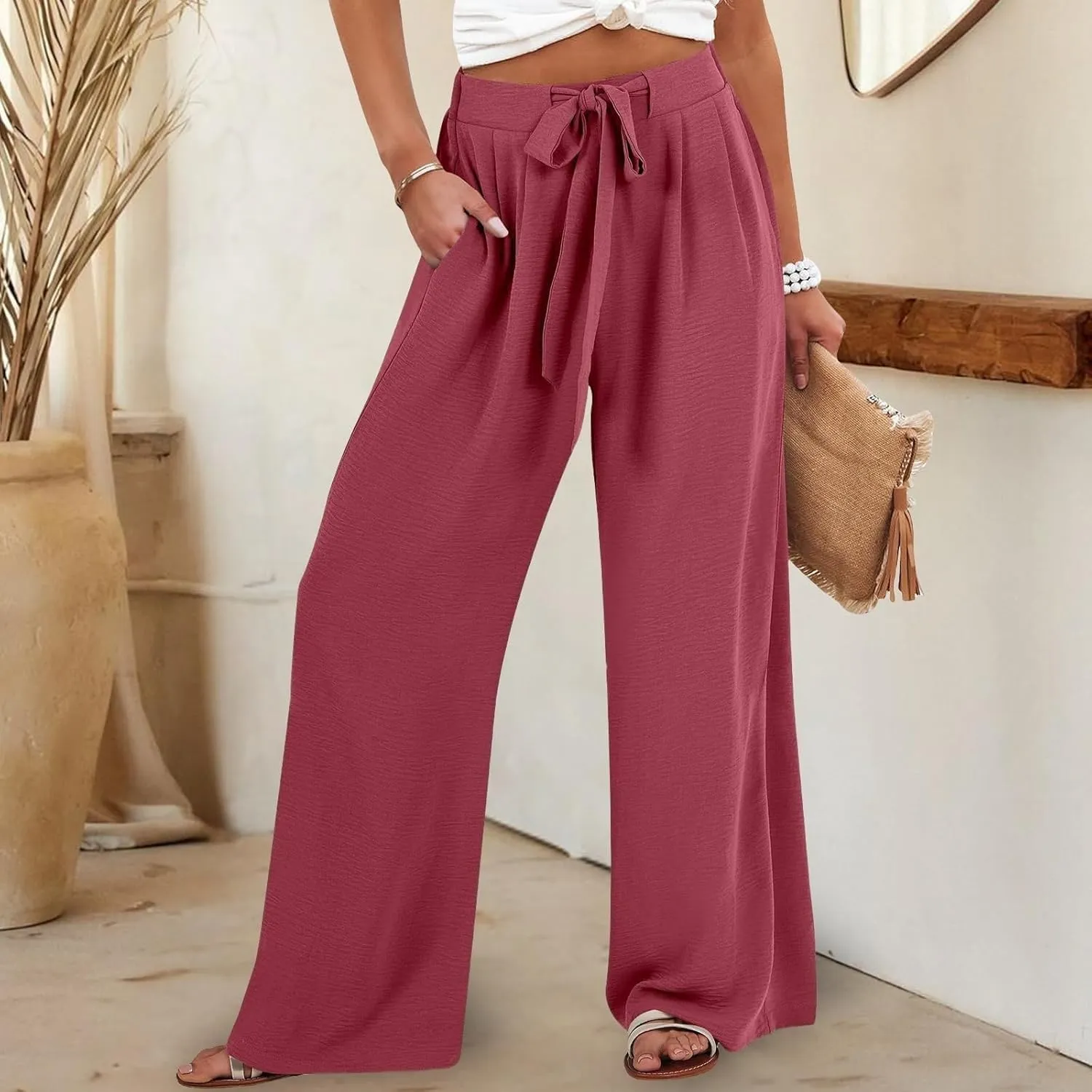 Womens Linen Pants Summer Casual Flowy Beach Pants Drawstring Elastic Waisted Wide Leg Palazzo Trousers with Pockets