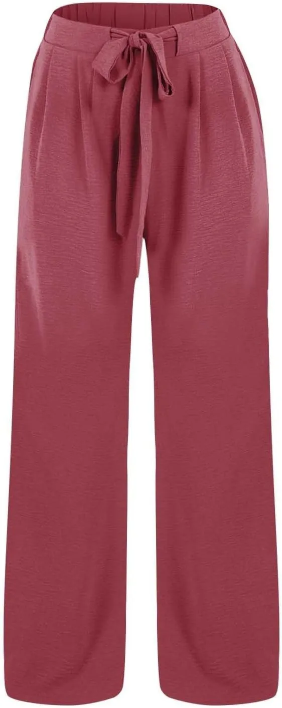 Womens Linen Pants Summer Casual Flowy Beach Pants Drawstring Elastic Waisted Wide Leg Palazzo Trousers with Pockets