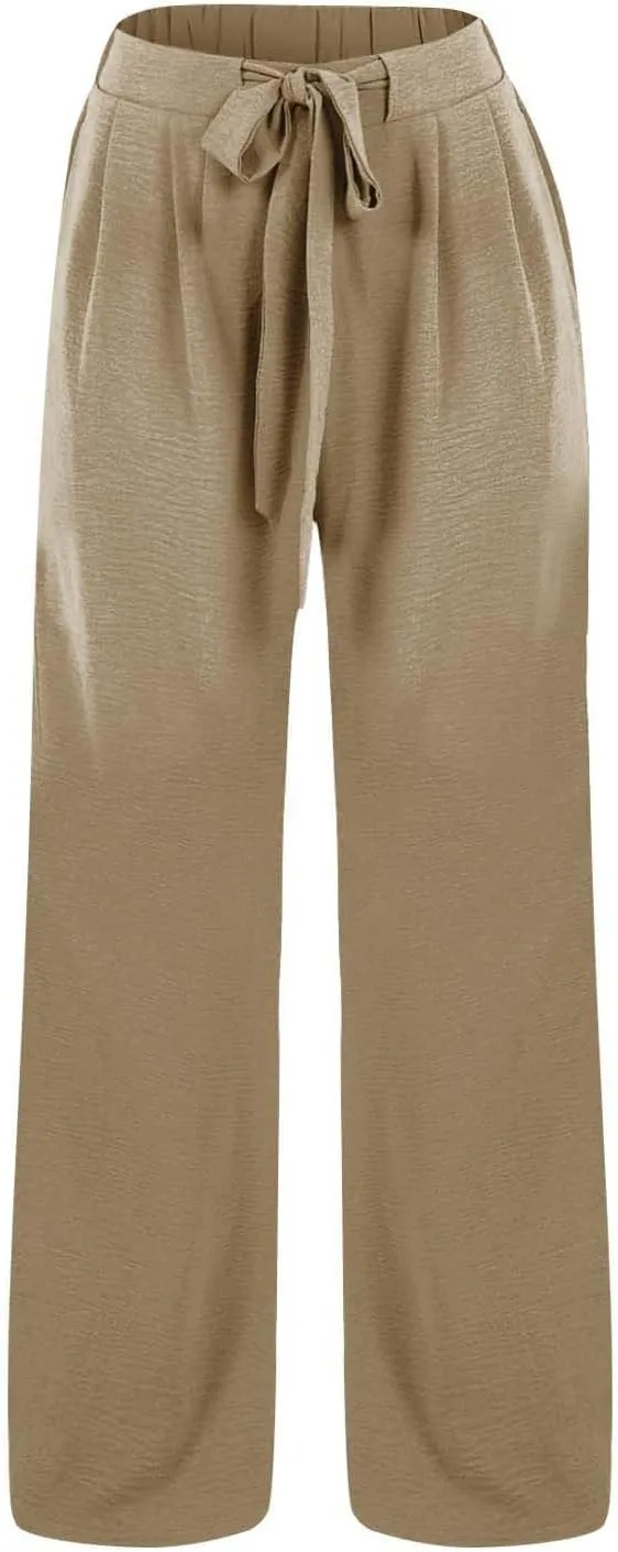 Womens Linen Pants Summer Casual Flowy Beach Pants Drawstring Elastic Waisted Wide Leg Palazzo Trousers with Pockets