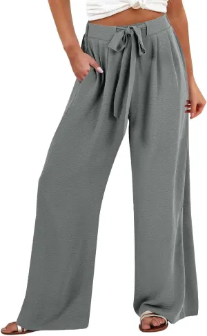 Womens Linen Pants Summer Casual Flowy Beach Pants Drawstring Elastic Waisted Wide Leg Palazzo Trousers with Pockets