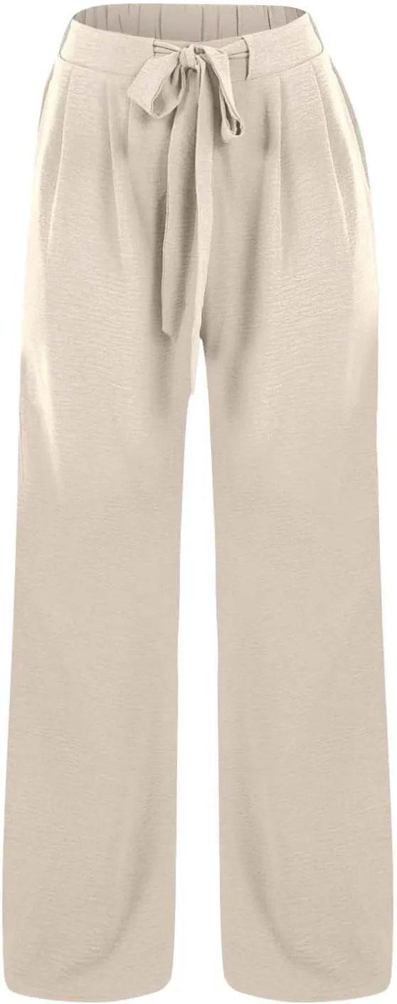 Womens Linen Pants Summer Casual Flowy Beach Pants Drawstring Elastic Waisted Wide Leg Palazzo Trousers with Pockets