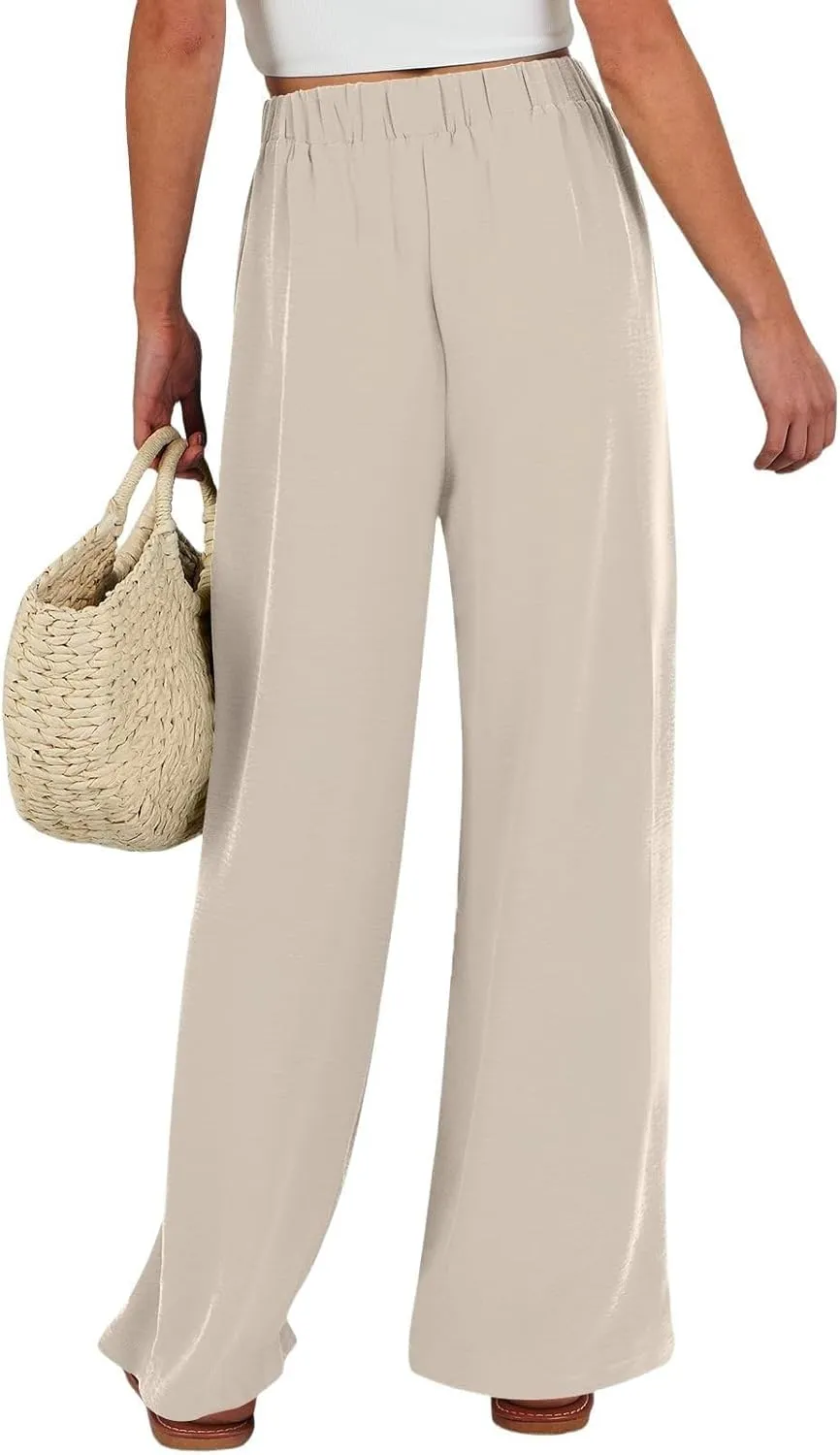 Womens Linen Pants Summer Casual Flowy Beach Pants Drawstring Elastic Waisted Wide Leg Palazzo Trousers with Pockets