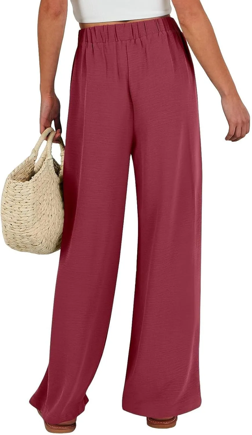 Womens Linen Pants Summer Casual Flowy Beach Pants Drawstring Elastic Waisted Wide Leg Palazzo Trousers with Pockets
