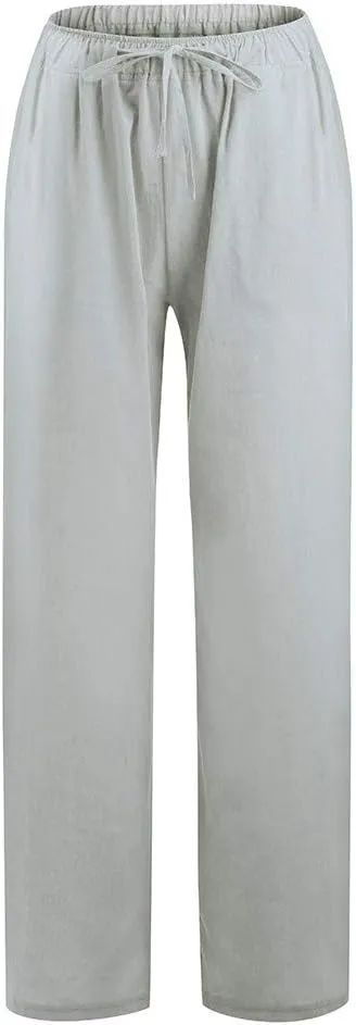 Women's Linen Pants Summer, Wide Leg, High Waisted, Drawstring, Beach Trousers, Blue, Size 0-22