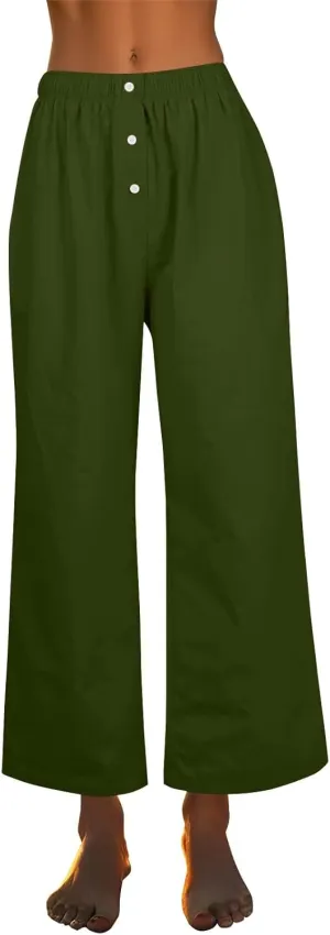 Women's Linen Pants Summer Wide Pants High Waist Trouser Loose Palazzo Pant Dressy with Pockets (S-2Xl)