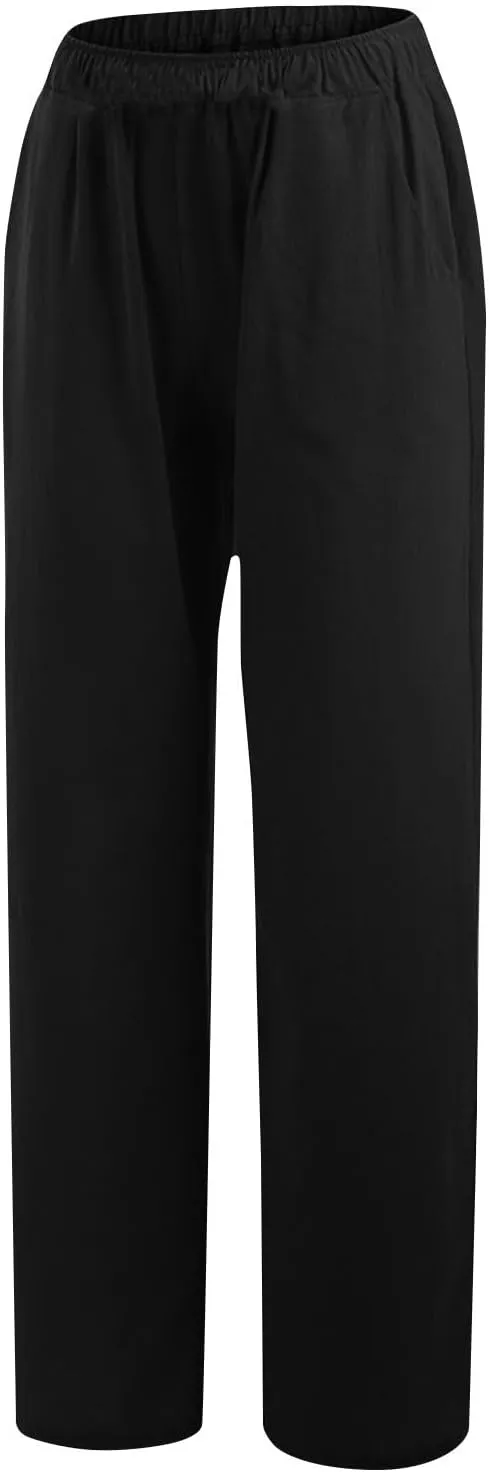 Women's Linen Wide Leg Pants Casual Loose Elastic Waisted Casual Summer Barrel Beach Palazzo Loose Fit Trousers