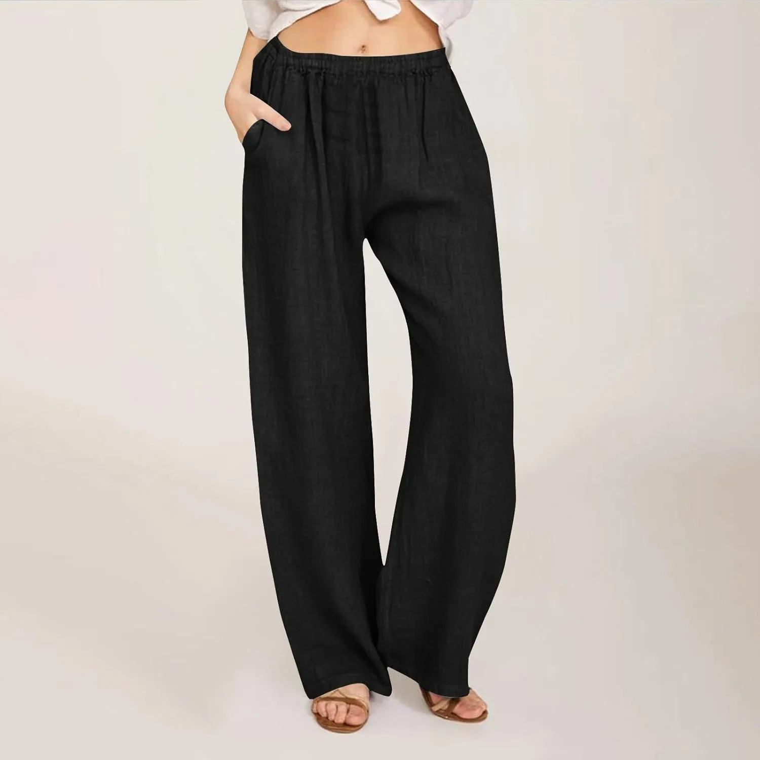 Women's Linen Wide Leg Pants Casual Loose Elastic Waisted Casual Summer Barrel Beach Palazzo Loose Fit Trousers