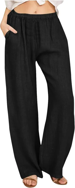 Women's Linen Wide Leg Pants Casual Loose Elastic Waisted Casual Summer Barrel Beach Palazzo Loose Fit Trousers