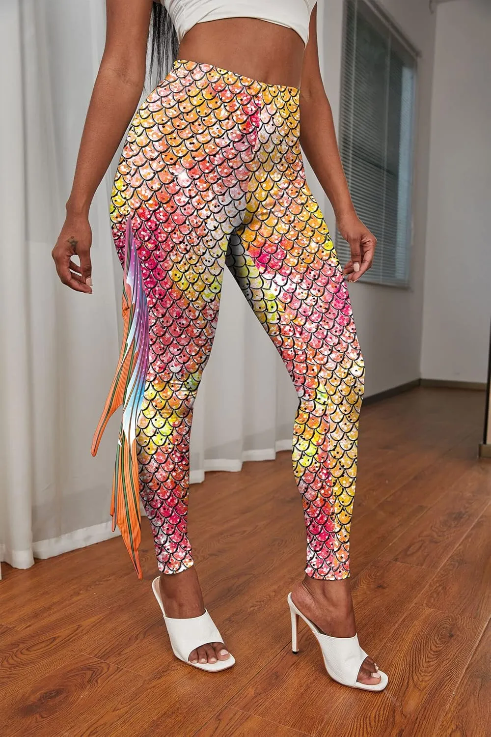 Womens Mermaid Leggings Fish Scale Print Pants High Waist Yoga Legging with Fins for Halloween Party Cosplay