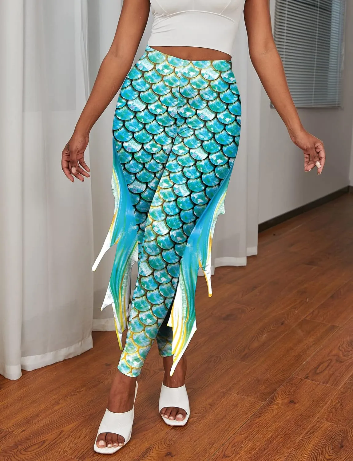 Womens Mermaid Leggings Fish Scale Print Pants High Waist Yoga Legging with Fins for Halloween Party Cosplay